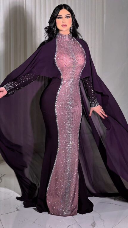 Zena Fashion Taş Baskı Pelerinli Tesettür Abiye Elbise  Mor