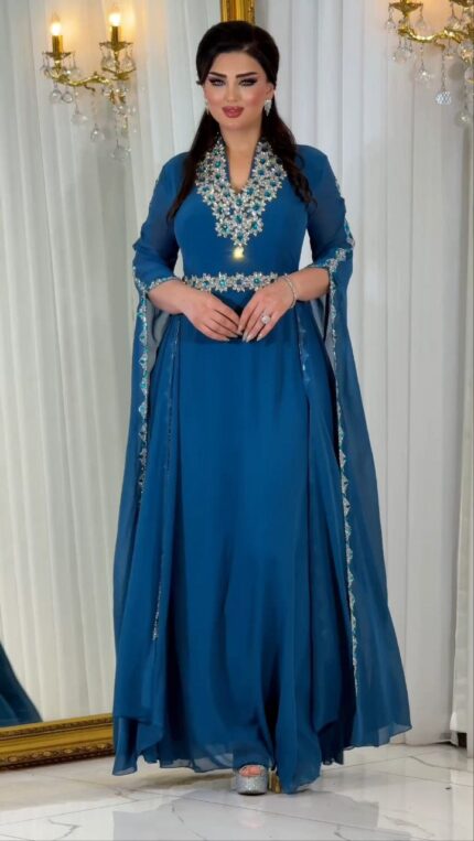 Zena Fashion Yaka Kol ve Kemer İşlemeli Yöresel Abiye Mavi