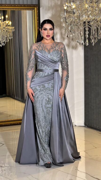 Zena Fashion Göğüs Detaylı Kuşaklı Özel Tasarım Kuyruklu Abiye Bej