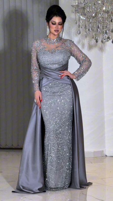 Zena Fashion Taş Püskürtme Bel Detaylı Pelerinli Saten Abiye Bej
