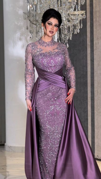 Zena Fashion Taş Püskürtme Bel Detaylı Pelerinli Saten Abiye Mor