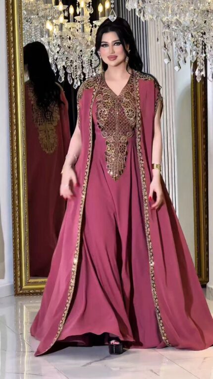 Zena Fashion Altı Elbise Üstü Abaya Nakış İşlemeli Kaftan Pudra