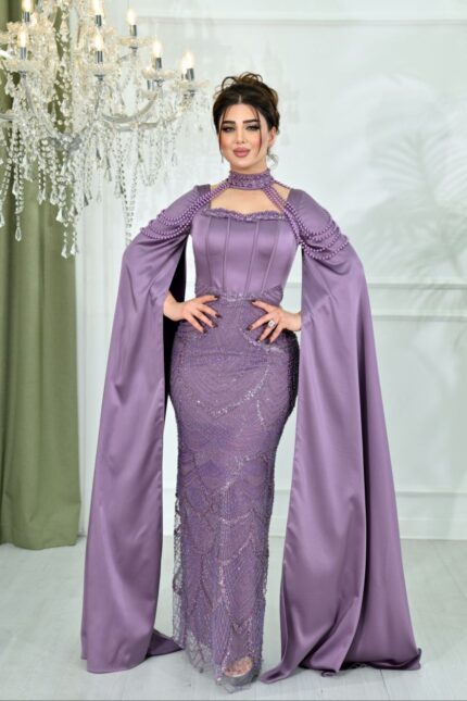 Zena Fashion Taş boncuk İşlemeli Yaka Detaylı Abiye Lila