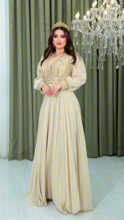 Zena Fashion Taş İşlemeli Bilek Detaylı Kloş Abiye Bej
